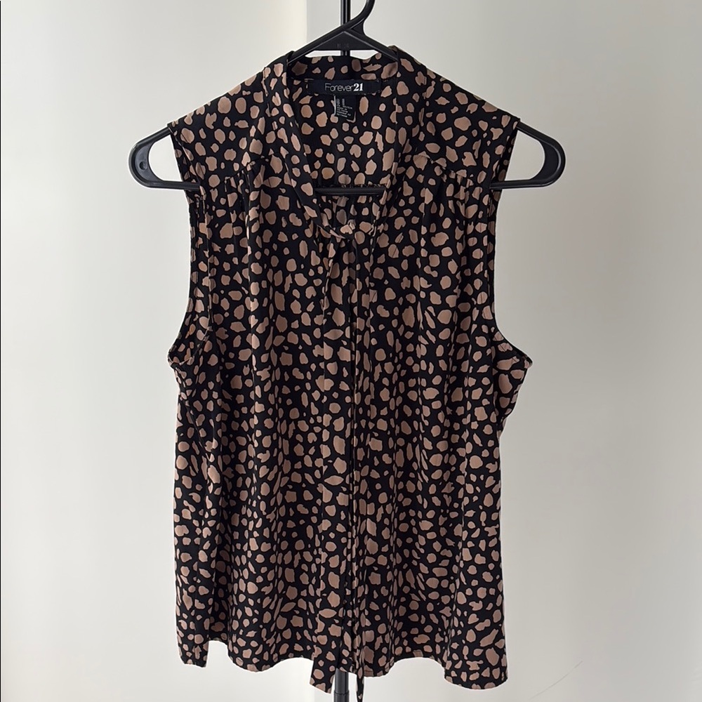 Forever 21 Brown and Cream Blouse with Tie Front and Bib Collar
